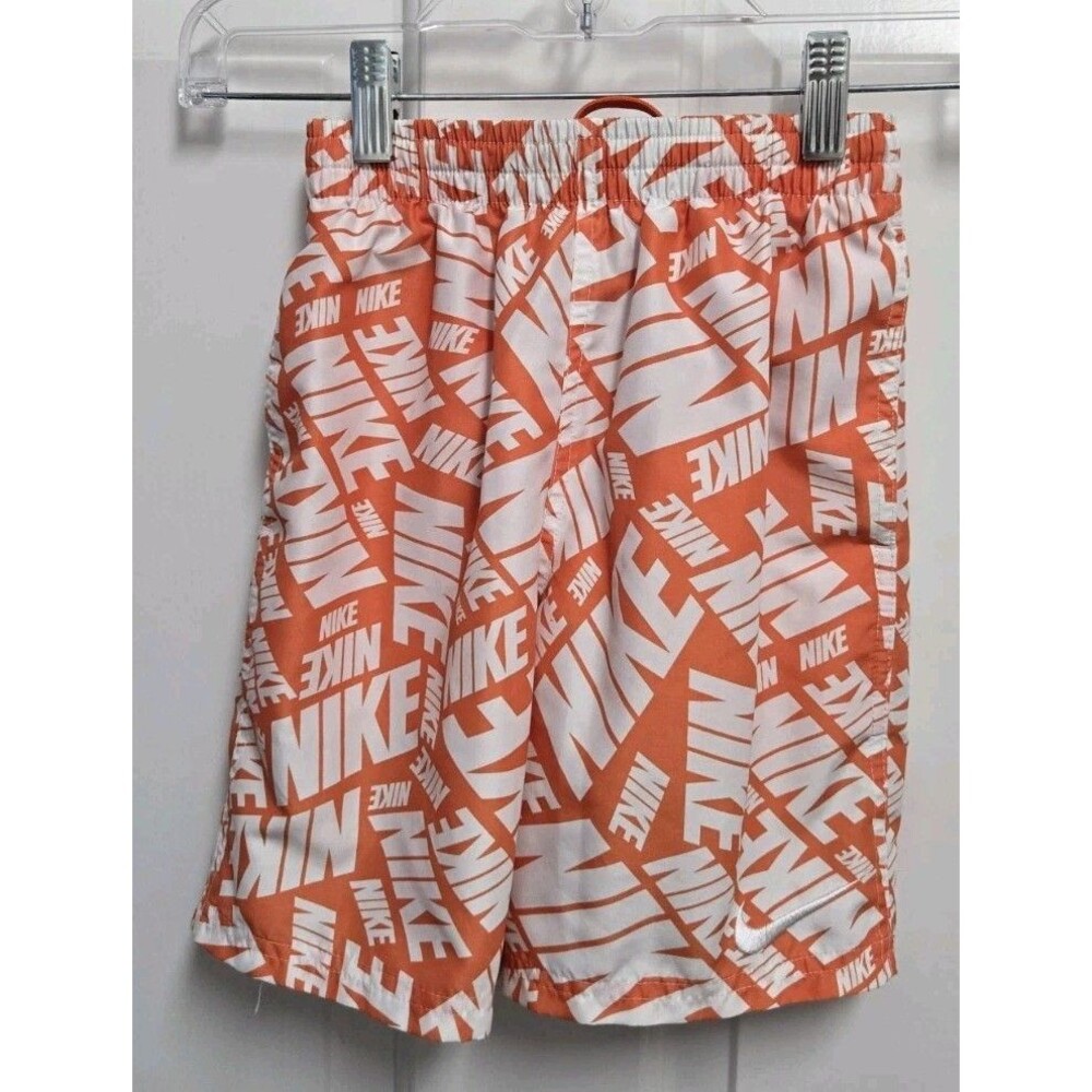 Nike Kids Swim Shorts Size S Orange White Graphic Swimwear Trunks